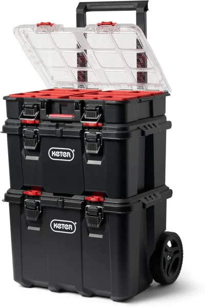 Keter Rolling Tool Box System, 3 Piece, Black/Red - 3 Piece Resin Modular Toolbox System