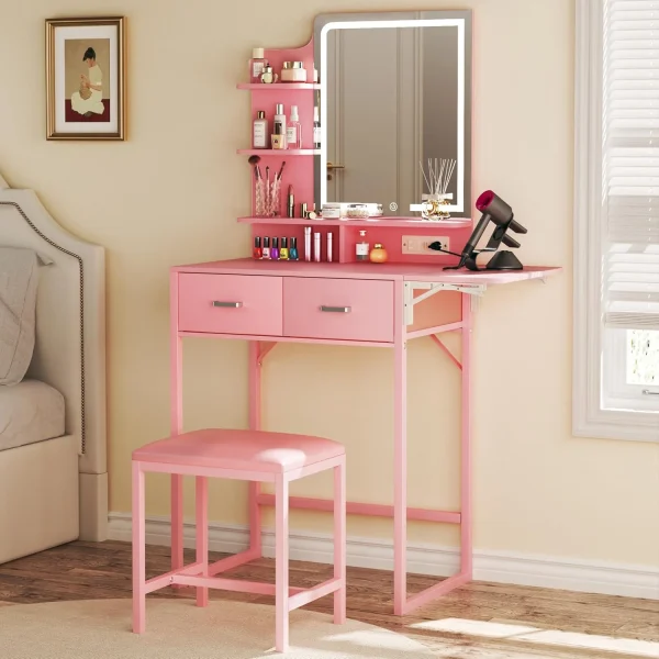Fixwal 3-in-1 Compact Makeup Vanity Desk with Foldable Side Panel, LED Mirror & Power Outlet