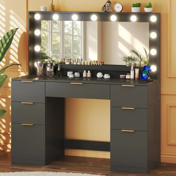Fixwal Vanity Desk, 45.3in Makeup Vanity with 7 Drawers & Large Mirror, Black Vanity Desk for Bedroom