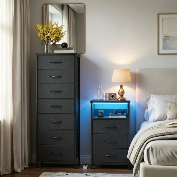 Black Nightstand & Tall Dresser Set, LED Nightstand with Charging Station, 10 Drawers